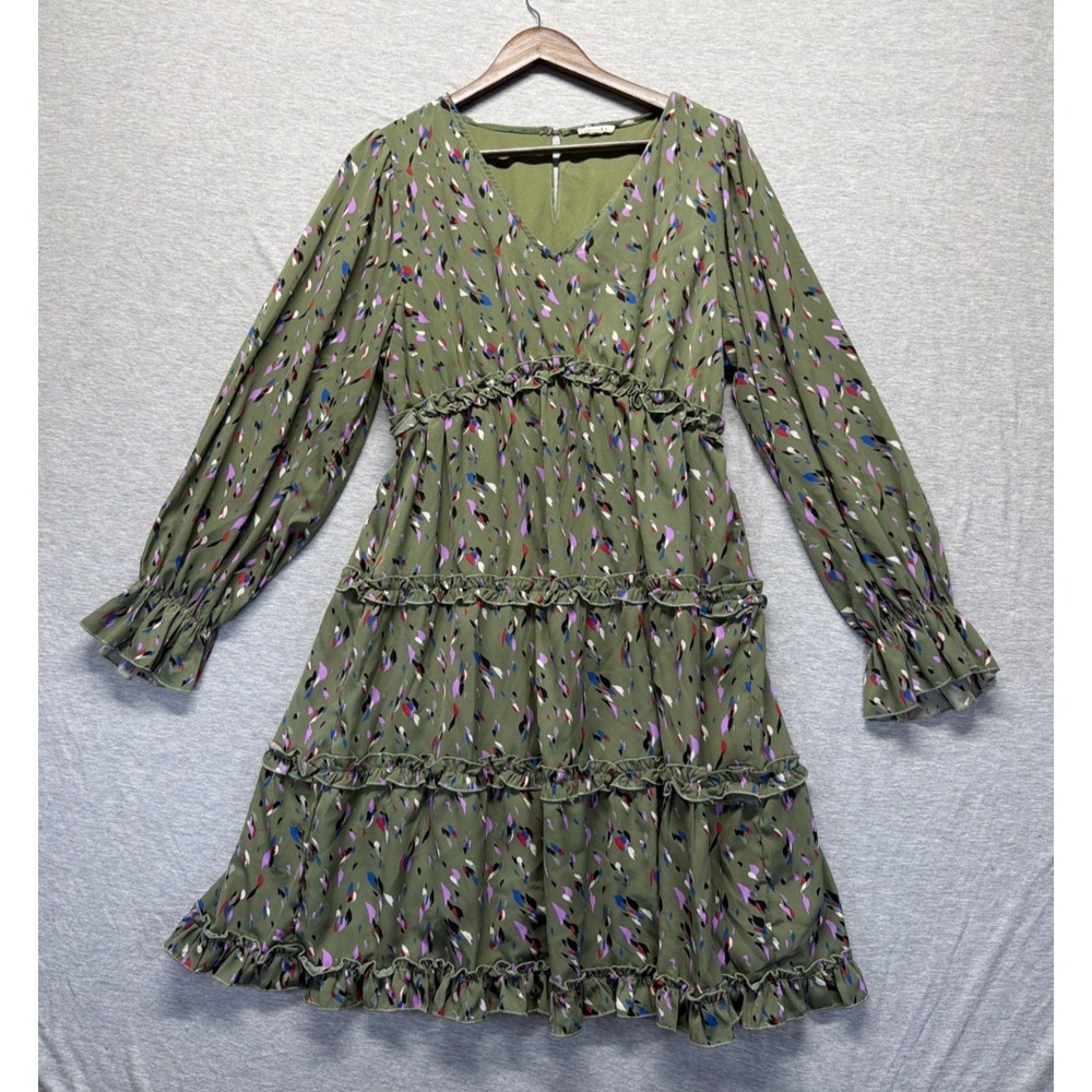 Jodifl Tiered Dress Women's Large Green Abstract Print Ruffle‎ Hem Keyhole Back